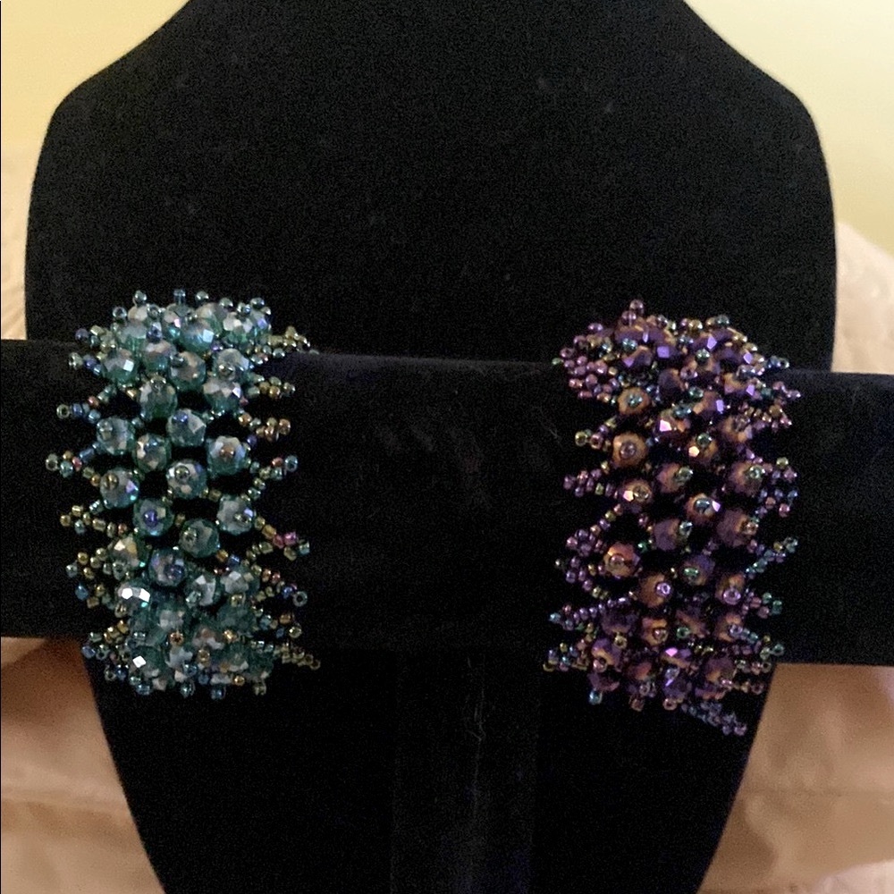 Vibrant Blue and Purple Beaded Bracelets with Intricate Design.